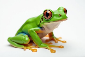 Obraz premium Green tree frog perched on white, vibrant skin detail, focus, simple, reptile