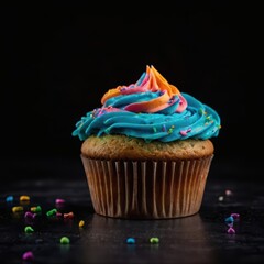 Delicious cupcake with colorful frosting and sprinkles on a dark background close up view