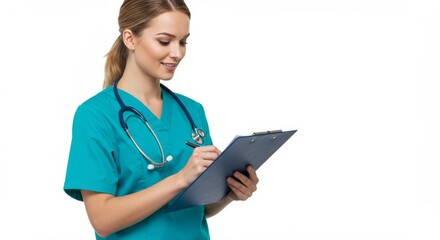 A nurse in green scrubs writing on a clipboard with a stethoscope around her neck on white background