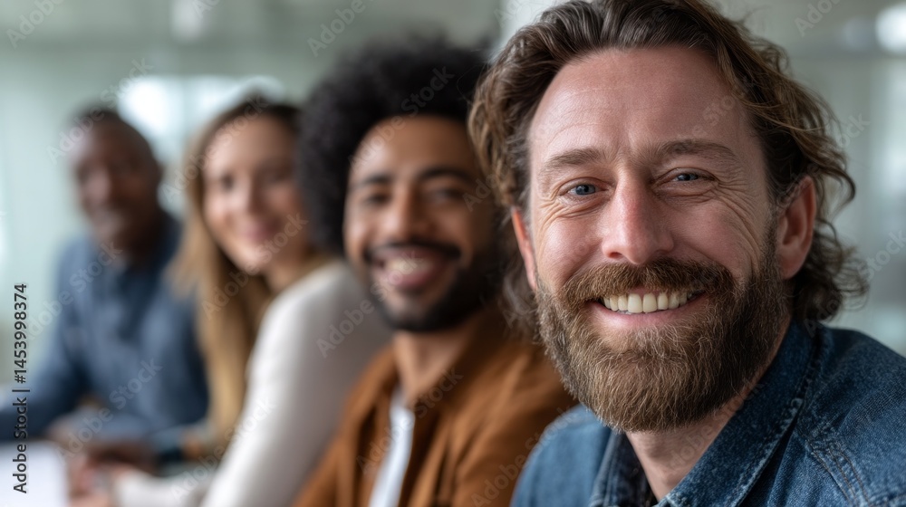 Poster a group of joyful and diverse employees smiles together in a contemporary office setting, showcasing