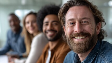 A group of joyful and diverse employees smiles together in a contemporary office setting, showcasing their camaraderie and collaborative spirit while enjoying a productive workday