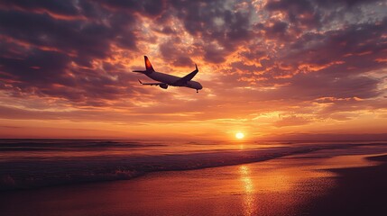 Photograph of an aircraft silhouetted against a vibrant, red-orange sunset over the ocean.