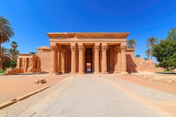 Obraz premium Temple ruins of ancient pillars in desert landscape under a vibrant sky
