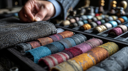 Fabric swatches for suit selection.