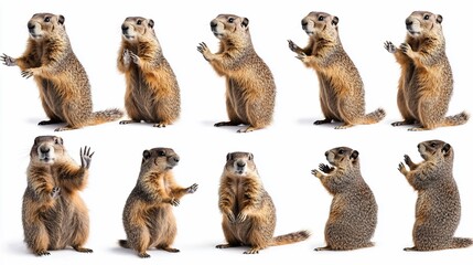Diverse postures of a groundhog species displayed against a plain background.