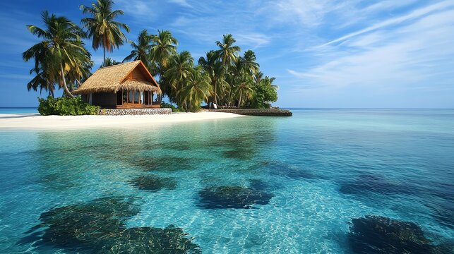 Photograph of a tropical island with a wooden hut and palm trees, surrounded by clear turquoise water.