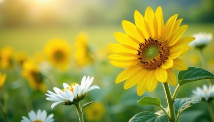 Obraz premium One bright yellow sunflower among white flowers, plant, blossom