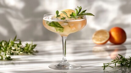 Refreshing cocktail with herbs and citrus on white backdrop