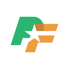 this is a flat monogram logo design of an initial letter of overlapped PF with a star that that looks clean on a green and yellow color on a white background