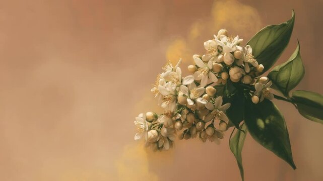 Оrange blossom buds, muted, representing spring and renewal, against a beige background with copy space
