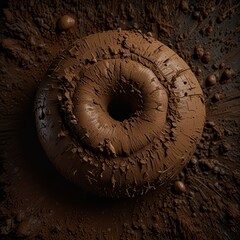 Donut covered in mud and dirt, chocolate donut with hole, dessert food photography art