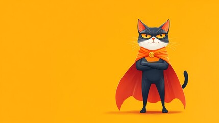 Digital illustration of a black cat superhero wearing a red cape and goggles, posing confidently.