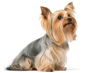 Adorable Yorkshire Terrier puppy sitting alertly long silky fur captivating gaze studio shot purebred dog white