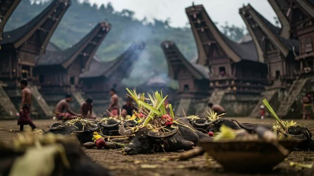 Traditional ceremony in Batak village features offerings amid ancestral houses