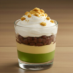 A glass layered dessert featuring green matcha base custard red beans whipped cream and crumble topping
