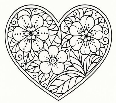 Heart-shaped floral mandala coloring page with intricate flower and leaf patterns, perfect for relaxation and mindfulness art activities