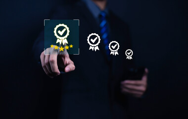 Businessman pointing to quality assurance icon. Audit, Business, Certification, Control, Digital, Service, Complete, Assessment, Checklist, Data with quality icon.