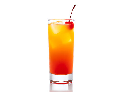 Tequila Sunrise Cocktail with Cherry Garnish on White Background
