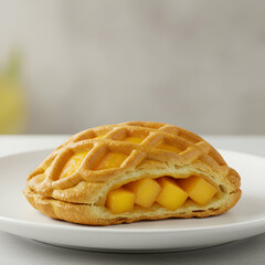 A close up shot of a mango pastry with lattice crust on a white plate in a brightly lit setting