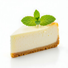 A single slice of cheesecake with a graham cracker crust and a mint garnish on a white surface