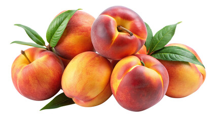 A vibrant group of fresh peaches and green leaves arranged beautifully together