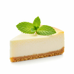 A delectable slice of cheesecake with a graham cracker crust and a sprig of fresh mint on top