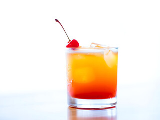 Tequila Sunrise Cocktail with Cherry Garnish on White Background