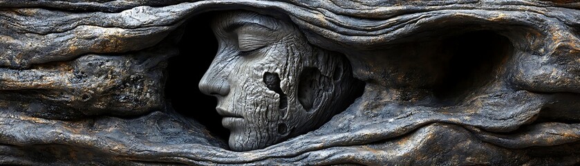 Intricate carved face nestled within a textured wood carving.
