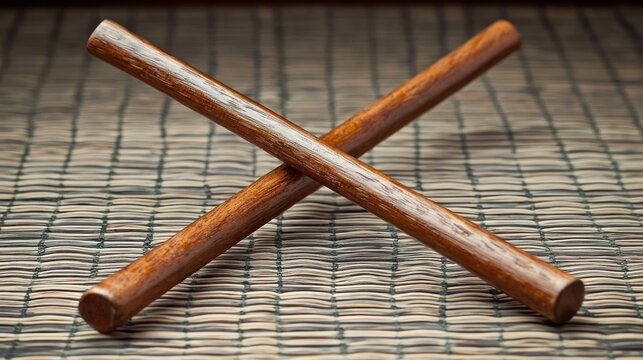 A pair of wooden Escrima sticks crossed on a mat