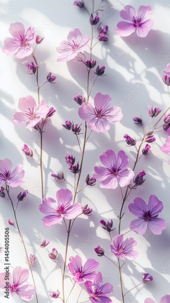 Poster softly lit pink flowers are artistically arranged against a white backdrop. the delicate petals and 