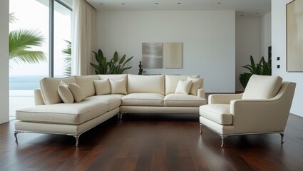 Modern villa living room with luxury sofa and armchair, minimalist decor