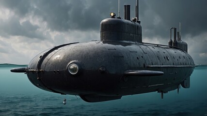 Detailed view of a vintage style submarine emerging from ocean with an overcast sky above, showing periscopes and metal hull
