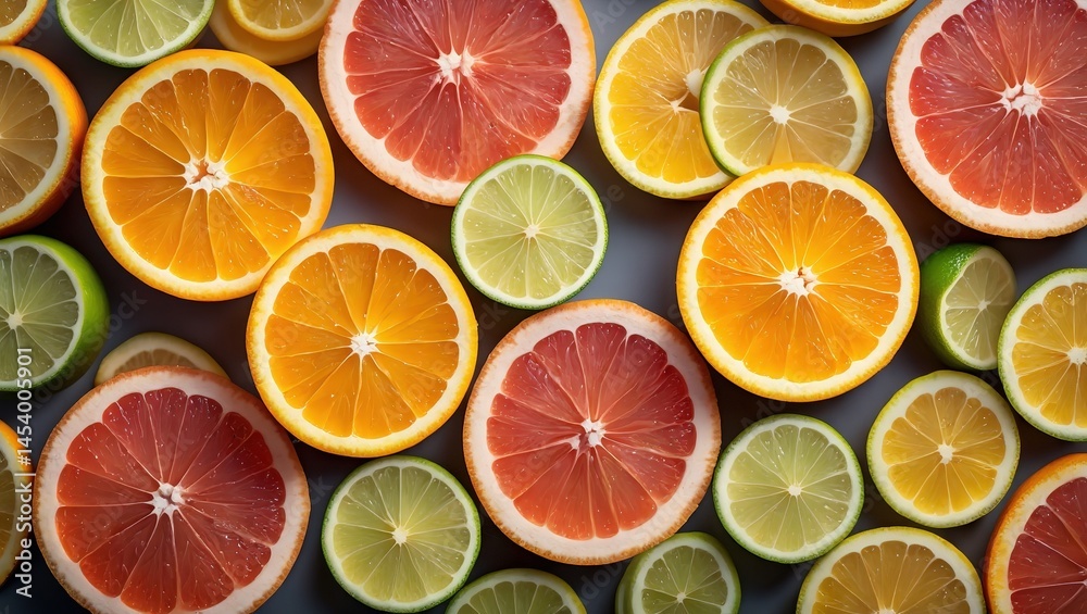 Poster a close-up view of various citrus fruits, including lemons and oranges, arranged in a pattern on a s