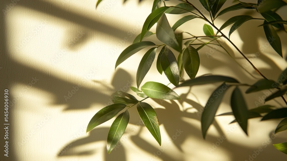 Poster sunlight filters through the leaves of a houseplant, creating intricate shadows on a textured wall. 