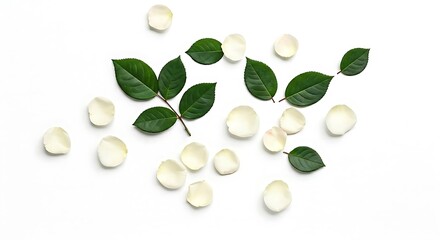 Top view of white rose cluster in round glass vase, white background.