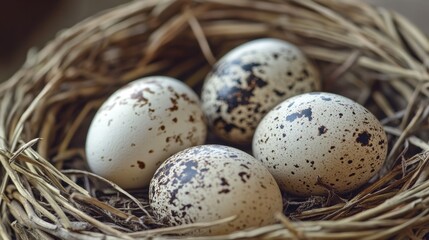 Obraz premium Detailed close-up view of freshly gathered rustic chicken eggs nestled in a straw basket under soft warm natural light