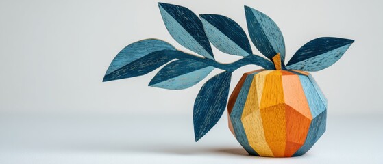 Modern minimalist peach sculpture with teal leaves on white background