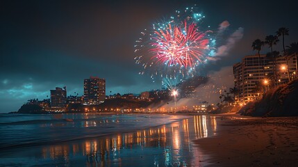 Fireworks illuminating beach with bright sparks high resolution picture