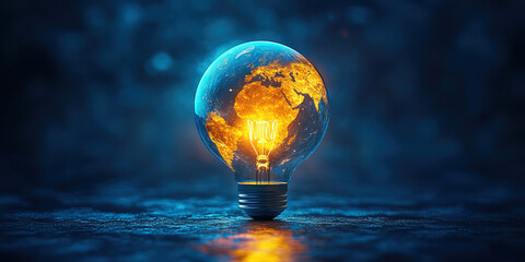 Light bulb designed as planet Earth symbolizes ecological awareness on dark background. Header banner mockup with copy space.