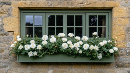 Rustic window with white roses in a planter box