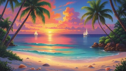 Tropical beach paradise at sunset, with vibrant sky colors and palm trees gently swaying 