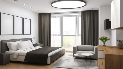 Fototapeta premium Modern bedroom interior design showcasing minimalist style.