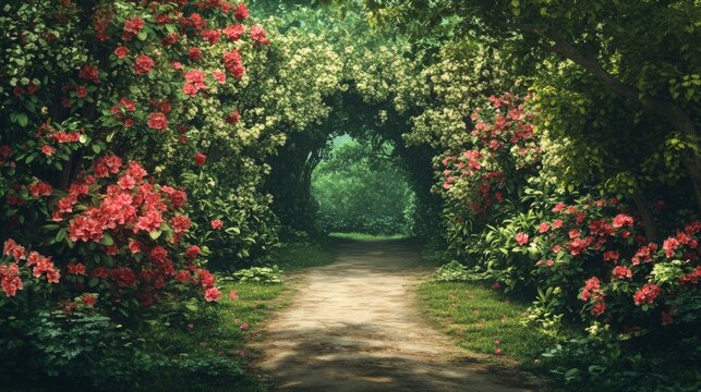Flowering Archway Path in Lush Garden