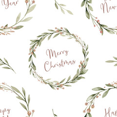 Watercolor floral new year seamless pattern in cute childish style, colored christmas background, hand painting print with abstract flowers, leaves and plants, design texture