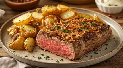Vibrant display of succulent steak dish with crispy crust, fried onions and potatoes