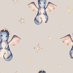 Cartoon cute kids sleeping Dragon seamless pattern, childish background