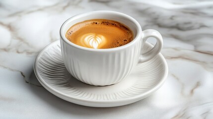 Fototapeta premium Stylish espresso cup and saucer on white marbled backdrop