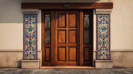  Wooden front door with colorful Mexican tiles