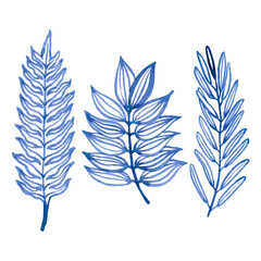 Fototapeta premium Watercolour hand drawn blue floral fern branch, foliage exotic plant, blue watercolour branch use as print, poster, element design, textile, fabric, invitation, clothes print, label, sticker. 