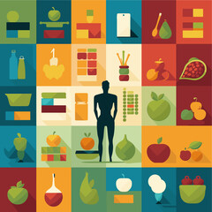 Set of vector icons on health and fitness theme: sports, nutrition, heart rate, yoga, dumbbells, running and active lifestyle. Suitable for apps and infographics.